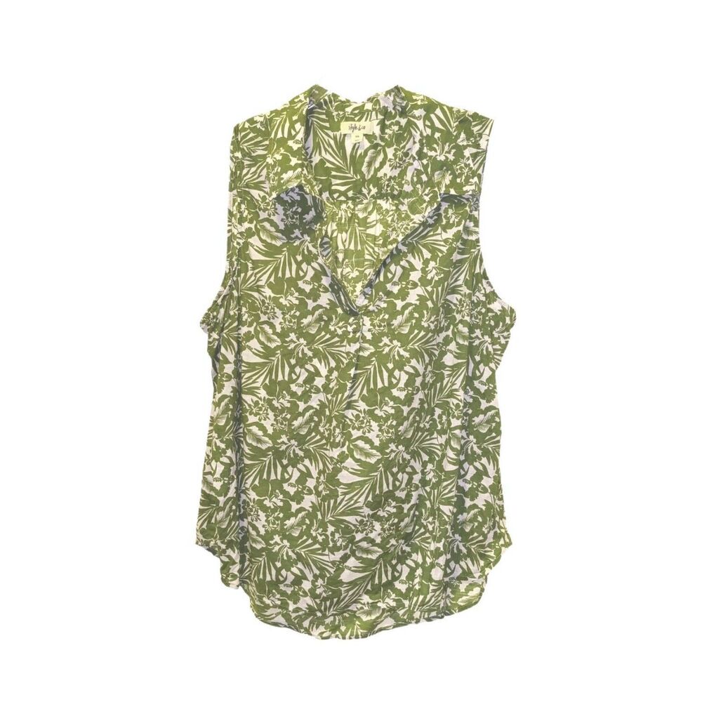 Style and Co Sleeveless Linen Green Leaf Design Top Size XXL Summer Vacation